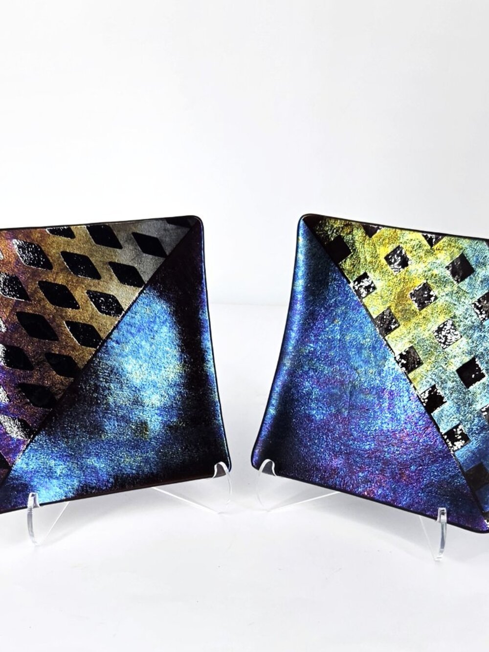 Two 1980s Kurt McKay Signed Iridescent Fused Art Glass Geometric Square Dishes
